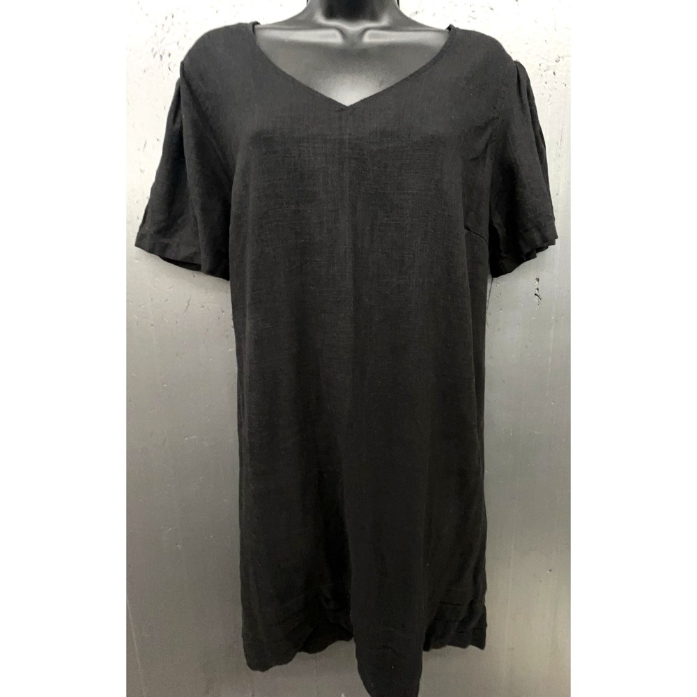 Linen Blend Dress L Black Pleated Sleeve Hem Comfort Boho Lagenlook Coastal Prep